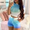 Szín: kék M - Női Colorblock Tie Dye Crop felső és fűzőlyukú rövidnadrág szett nyári vakációs öltöny
