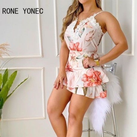 Szín: MULTI XL - Női szexi elegáns Cami Deep V nyakú csipke szegély részlet virágmintás fodros szegély alsó Bodycon