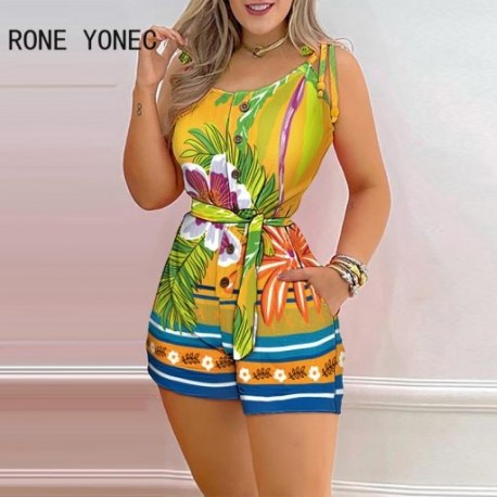 Szín: MULTI S - Női alkalmi spagetti szalagos ujjatlan, mindenhol nyomtatott zseb szárnyak Bodycon nadrág