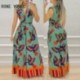 Szín: MULTI S - Női Elegáns All Over Print Tank Mély V nyakú fűzős szárnyak Szexi Maxi nyári ruhák