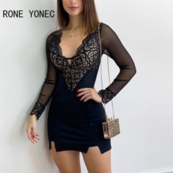 Szín: kék L - Női szexi patchwork csipke hosszú ujjú gombos, mély V nyakú Bodycon mini szexi parti ruhák