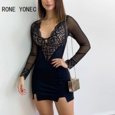 Szín: kék L - Női szexi patchwork csipke hosszú ujjú gombos, mély V nyakú Bodycon mini szexi parti ruhák
