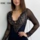 Szín: kék L - Női szexi patchwork csipke hosszú ujjú gombos, mély V nyakú Bodycon mini szexi parti ruhák