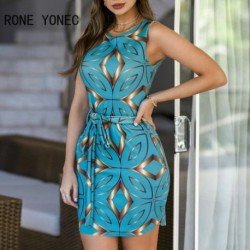 Szín: kék S - Női alkalmi Tank Geo Print kerek nyakú szárnyak Mini Bodycon formális ruha