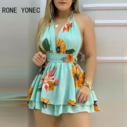 Szín: türkiz XL - Női Playsuits Halter Virágmintás Fodor Hem Romper Skinny Ruffles Romper