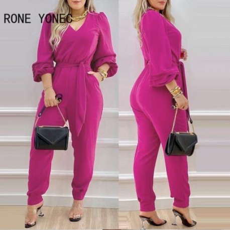 Szín: Rose Red M - Női tömör Elegáns V-nyakú lámpás ujjú szárnyak Rózsa piros Jumpsuit
