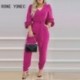 Szín: Rose Red M - Női tömör Elegáns V-nyakú lámpás ujjú szárnyak Rózsa piros Jumpsuit