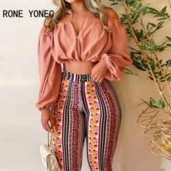 Szín: MULTI S - Női Elegáns Solid Crop Top & All Over Print nadrág Slash gallérral, hosszú ujjú szexi nadrág szettek