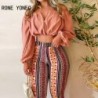 Szín: MULTI S - Női Elegáns Solid Crop Top & All Over Print nadrág Slash gallérral, hosszú ujjú szexi nadrág szettek