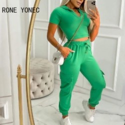 Szín: zöld XL - Női tömör, elegáns kapucnis Crop Top V nyakú, rugalmas derékzseb, húzózsinóros alkalmi nadrág