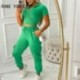 Szín: zöld XL - Női tömör, elegáns kapucnis Crop Top V nyakú, rugalmas derékzseb, húzózsinóros alkalmi nadrág