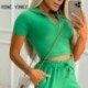 Szín: zöld XL - Női tömör, elegáns kapucnis Crop Top V nyakú, rugalmas derékzseb, húzózsinóros alkalmi nadrág