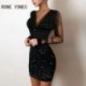 Szín: fekete M - Női Elegáns Elegáns Hálós Patchwork Mély V nyakú, Hosszú ujjú Csillogó Mini Party Szexi Bodycon