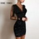 Szín: fekete M - Női Elegáns Elegáns Hálós Patchwork Mély V nyakú, Hosszú ujjú Csillogó Mini Party Szexi Bodycon