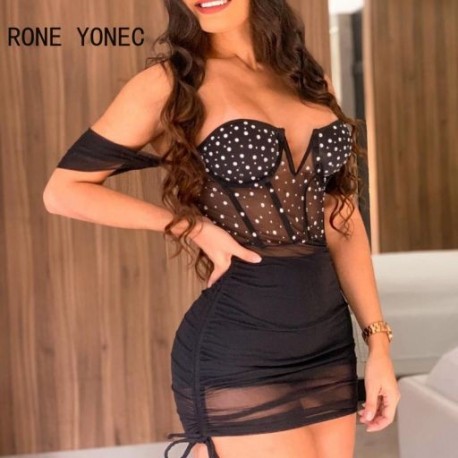 Szín: fekete M - Női, masszív szexi vállról leválasztott strasszos hálós patchwork Bodycon mini szexi partiruha szett