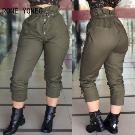 Szín: Army Green XL - 2023-as női alkalmi, magas derék, övekkel, többsoros tömör tehernadrág