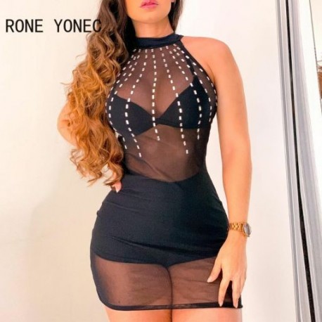 Szín: fekete S - Női tömör szexi kerek nyakú strasszos ujjatlan hálós Bodycon mini szexi partiruha szett