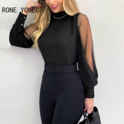 Szín: fekete M - Női elegáns, tömör sifon és hálós hosszú ujjú strasszos Basics blúz munkafelsővel