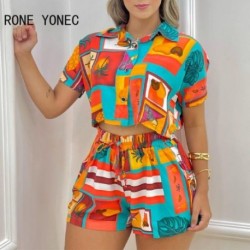 Szín: MULTI M - Női alkalmi, lehajtható gallér, rugalmas derék húzózsinór Crop Top nyári tengerparti vakációs rövid