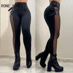 Szín: fekete M - Női hálós patch csatos, magas derekú cipzáros nadrágok Skinny tavaszi és őszi fekete ceruzanadrágok