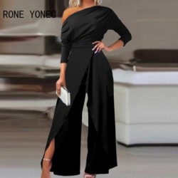 Szín: fekete XL - Női outfit Ruched Cold Shoulder Split Hem széles lábú jumpsuit