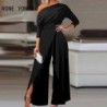 Szín: fekete XL - Női outfit Ruched Cold Shoulder Split Hem széles lábú jumpsuit