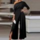 Szín: fekete XL - Női outfit Ruched Cold Shoulder Split Hem széles lábú jumpsuit
