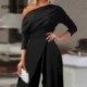 Szín: fekete XL - Női outfit Ruched Cold Shoulder Split Hem széles lábú jumpsuit