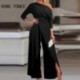 Szín: fekete XL - Női outfit Ruched Cold Shoulder Split Hem széles lábú jumpsuit