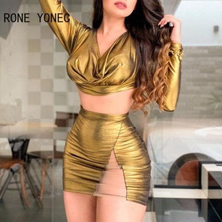 Szín: arany S - Női elegáns, tömör hálós patchwork hosszú ujjú Crop top francia stílusú Bodycon szexi szoknya szettek