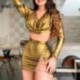 Szín: arany S - Női elegáns, tömör hálós patchwork hosszú ujjú Crop top francia stílusú Bodycon szexi szoknya szettek
