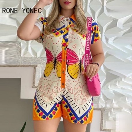 Szín: MULTI XL - Női alkalmi lefordított gallérral ellátott rövid ujjú, mindenhol nyomott gombos Bodycon nadrág