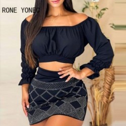 Szín: kék XL - Női Solid Elegáns Slash gallér csukló strassz dekoráció Szexi Crop Top Bodycon szoknya szettek