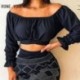 Szín: kék XL - Női Solid Elegáns Slash gallér csukló strassz dekoráció Szexi Crop Top Bodycon szoknya szettek