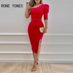 Szín: piros M - Női tömör, elegáns egy vállú, félfelfúvott ujjú, magas, sáros szárnyú, Bodycon midi piros ruhák