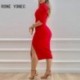 Szín: piros M - Női tömör, elegáns egy vállú, félfelfúvott ujjú, magas, sáros szárnyú, Bodycon midi piros ruhák