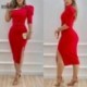 Szín: piros M - Női tömör, elegáns egy vállú, félfelfúvott ujjú, magas, sáros szárnyú, Bodycon midi piros ruhák