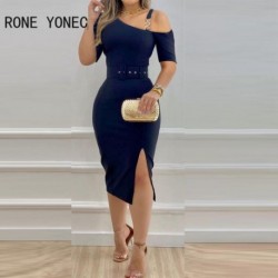 Szín: kék XL - Női elegáns elegáns övvel, rövid ujjú átlós gallérral Bodycon kis silt midi munkaruhák