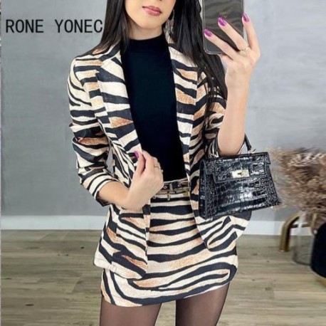 Szín: MULTI M - Női elegáns tigriscsíkos hosszú ujjú, hornyolt gallér Bodycon rövid blézer munkaszoknya szettek