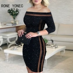 Szín: fekete XL - Elegáns, elegáns női váll nélkül csillogó slash nyakú, hosszú ujjú Bodycon ruha
