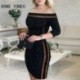 Szín: fekete XL - Elegáns, elegáns női váll nélkül csillogó slash nyakú, hosszú ujjú Bodycon ruha