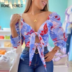 Szín: MULTI M - Női Szexi Allover Print Hollow Out Lace Up Off Vállal Lámpás ujjak Blúz Crop Top