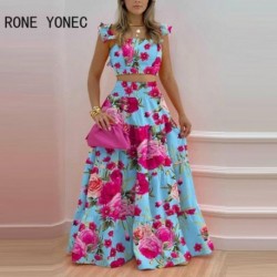 Szín: égszínkék XL - Női Elegáns Allover Print virágmintával Repülő ujjú Crop Top Maxi Szoknya Elasztikus