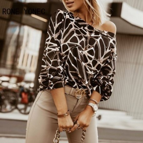 Szín: MULTI L - Női elegáns Geo Print ferde gallér, hosszú, denevérszárnyú ujjú, munkavégző alkalmi blúz felsők