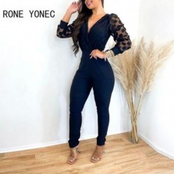 Szín: kék S - Női elegáns, mély V nyakú lámpás ujjú cipzárral működő vékony ceruza nadrág jumpsuit