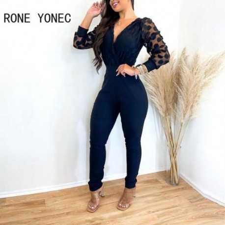 Szín: kék S - Női elegáns, mély V nyakú lámpás ujjú cipzárral működő vékony ceruza nadrág jumpsuit