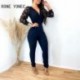 Szín: kék S - Női elegáns, mély V nyakú lámpás ujjú cipzárral működő vékony ceruza nadrág jumpsuit