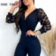 Szín: kék S - Női elegáns, mély V nyakú lámpás ujjú cipzárral működő vékony ceruza nadrág jumpsuit