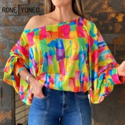 Szín: Vegyes szín L - Női ing Lámpás ujjú Colorblock felső Slash nyakú alkalmi blúz felső