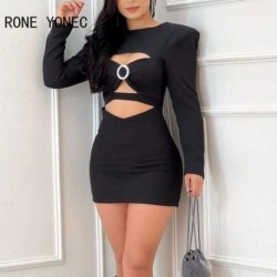 Szín: fekete M - Női Solid Elegáns, Hosszú ujjú Hollow Out Mini Bodycon Egy vonalas formális fekete ruha
